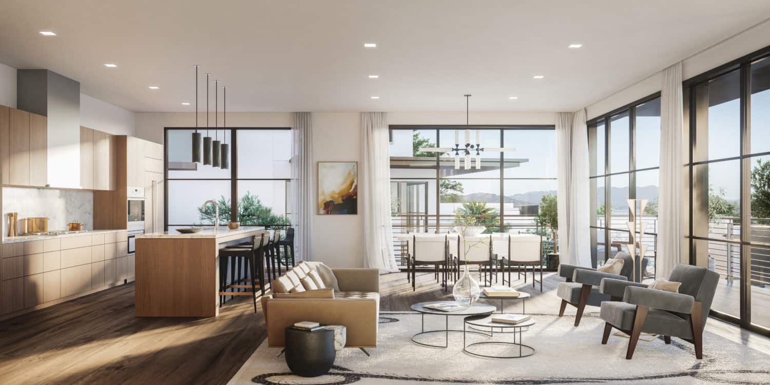 Interior view of The Flats living space. Open concept kitchen, dining room and living room with floor to ceiling windows.