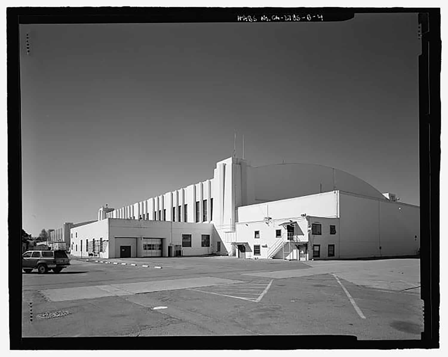 Black and white photo of the aircraft hangar buildings on Treasure Island.