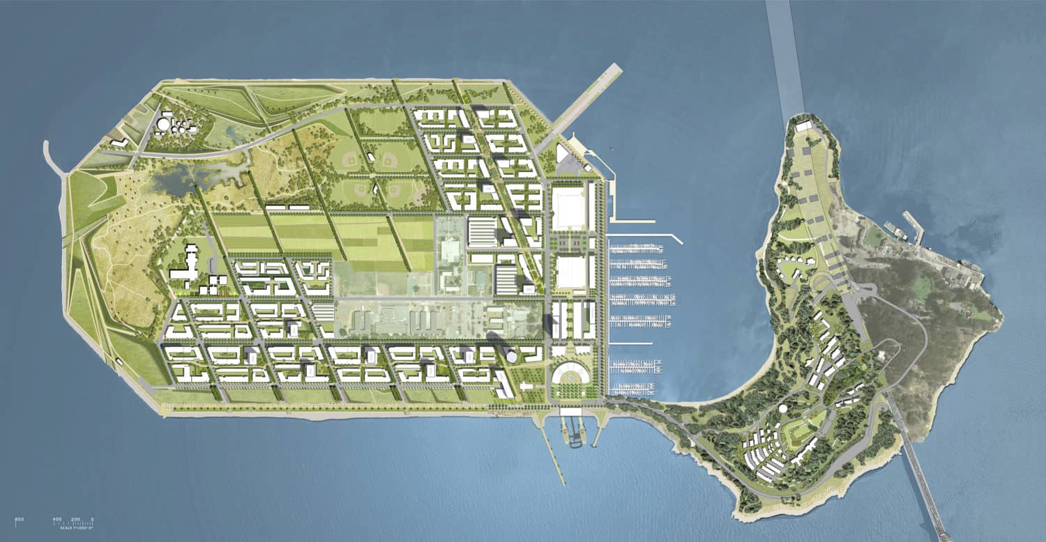 Rendering of the proposed Yerba Buena Island neighborhood development and Treasure Island.