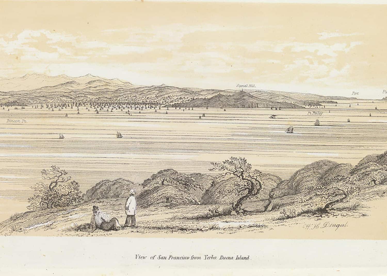 Historical drawing of first inhabitants of San Francisco Bay. Sketch of two men sitting on the island hillside.