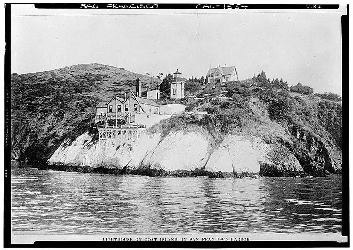 Picture of a lighthouse being built on Yerba Buena Island hillside in 1875.