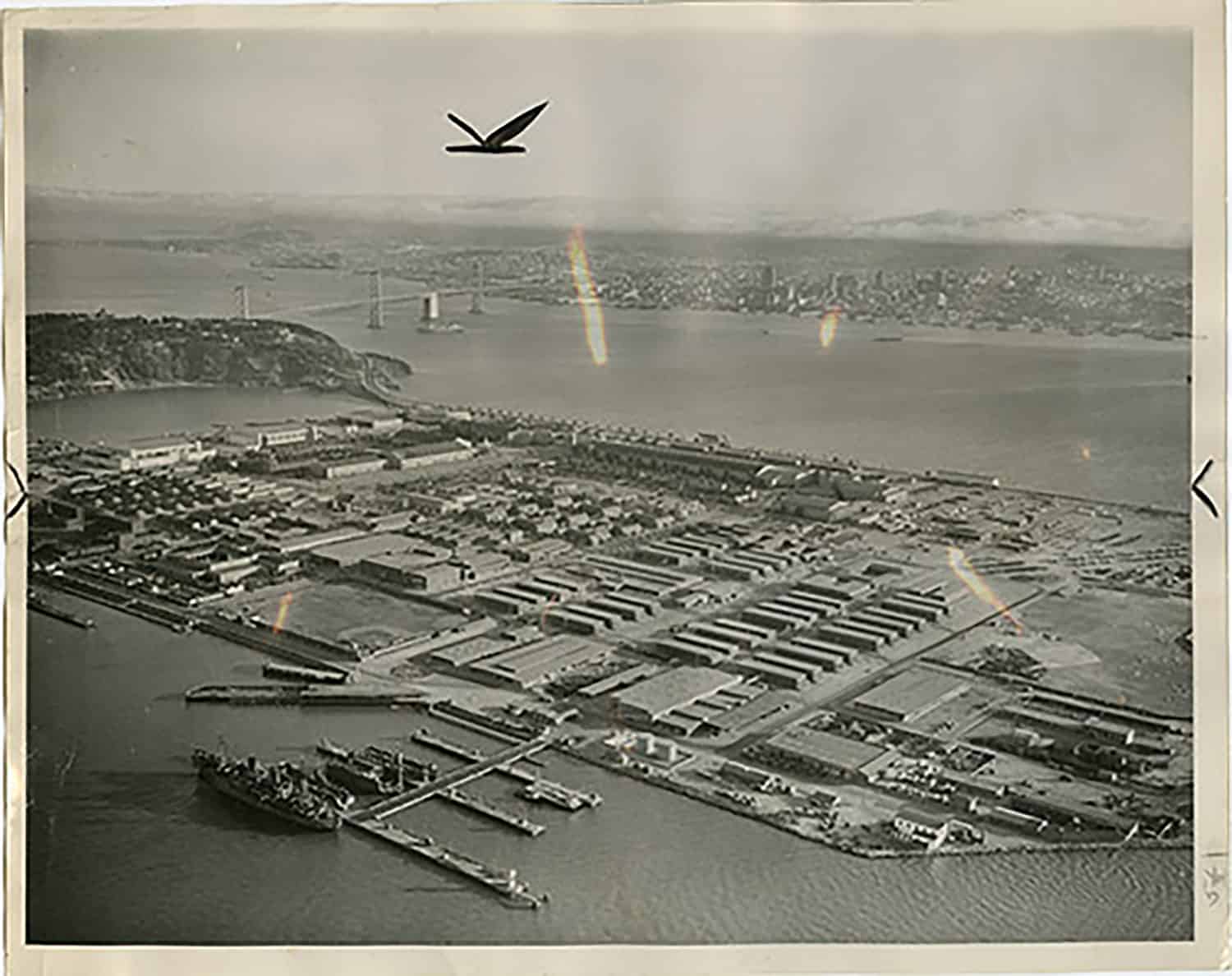 Aerial view of Treasure Island during its transition into Naval Base during World War II.