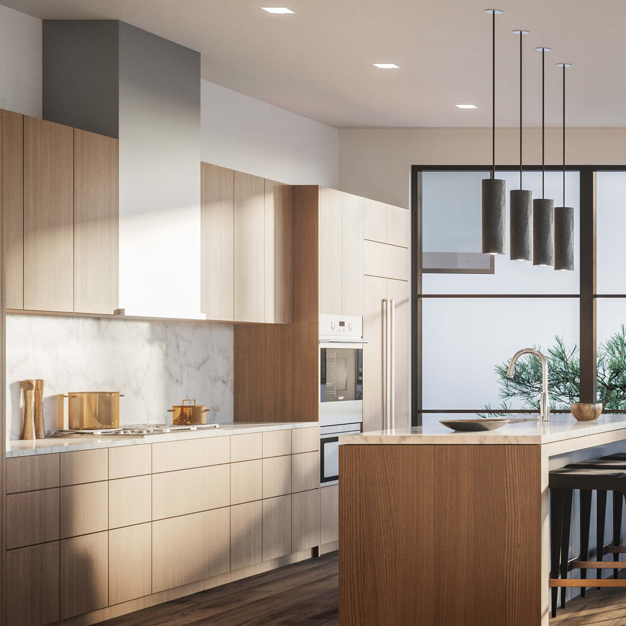 Radiant lighting on modern sophisticated kitchen in luxury townhomes for sale in Yerba Buena Island San Francisco