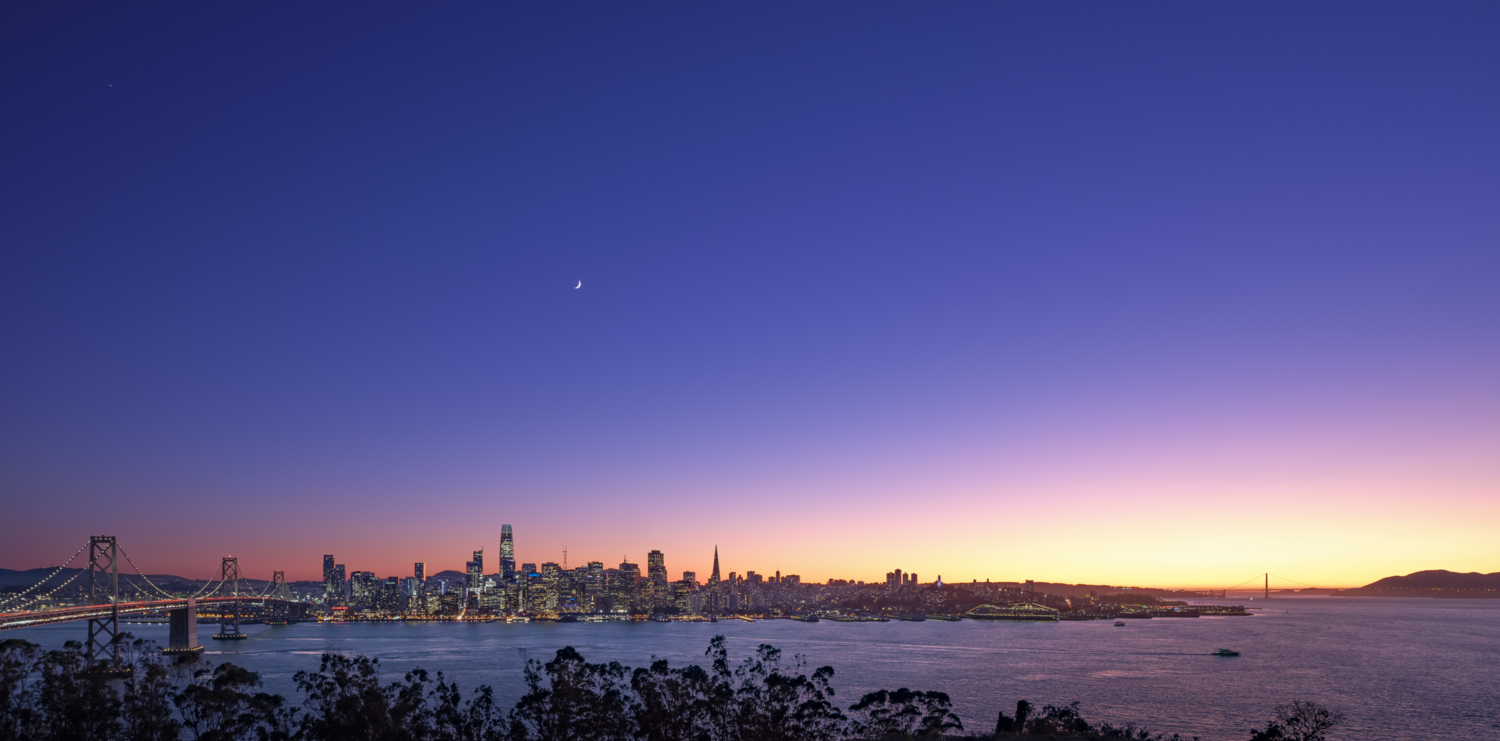 Sunset view from Yerba Buena Island to San Francisco city