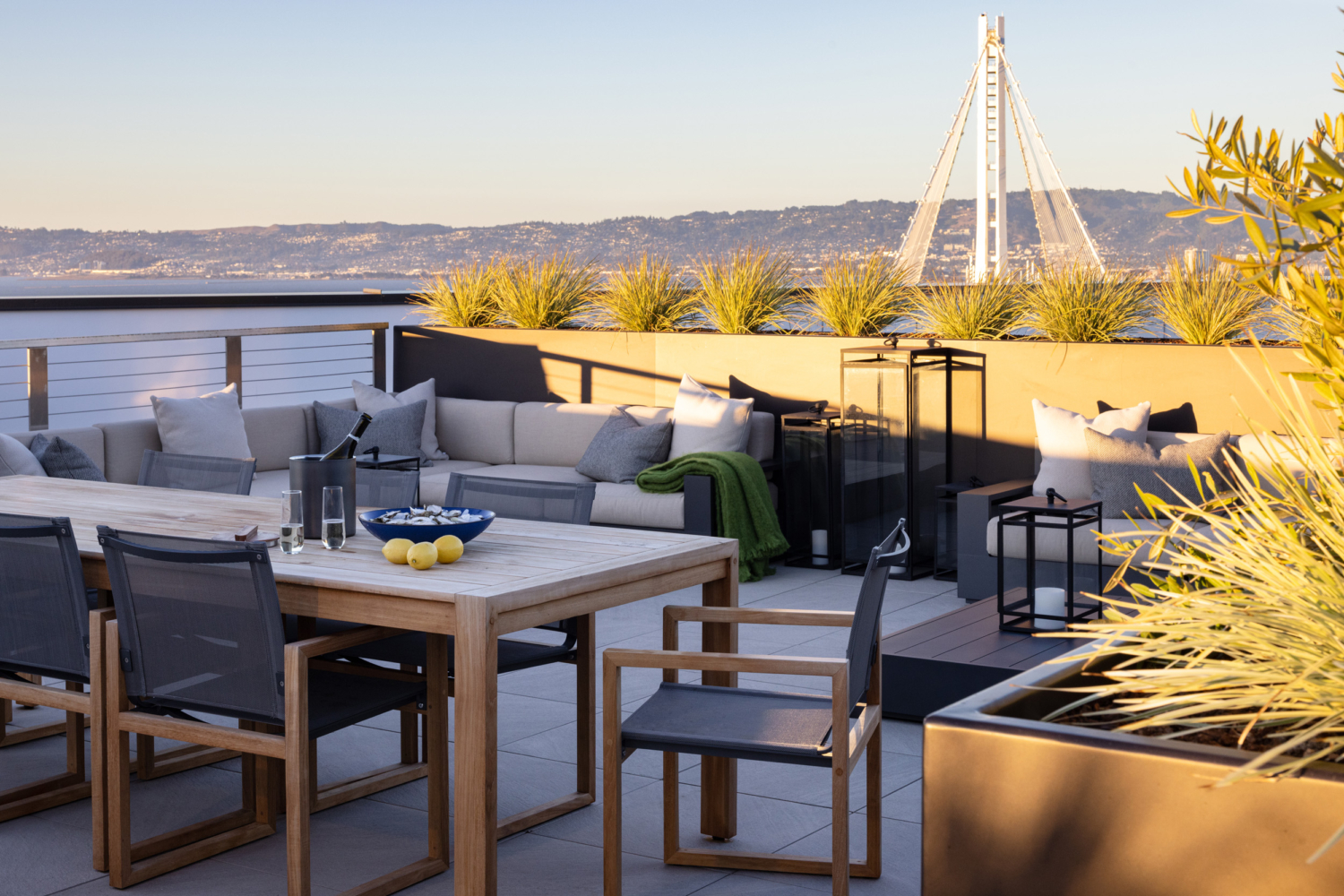 Sunset view from terrace of bridge to The Bristol Luxury Condominium Residences Yerba Buena Island San Francisco For Sale