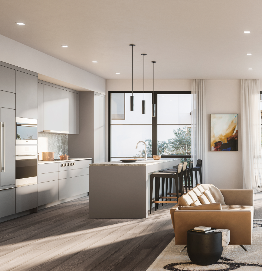 the flats offering at yerba buena island san francisco modern state of the art kitchen and spacious, bright, natural light view of living room
