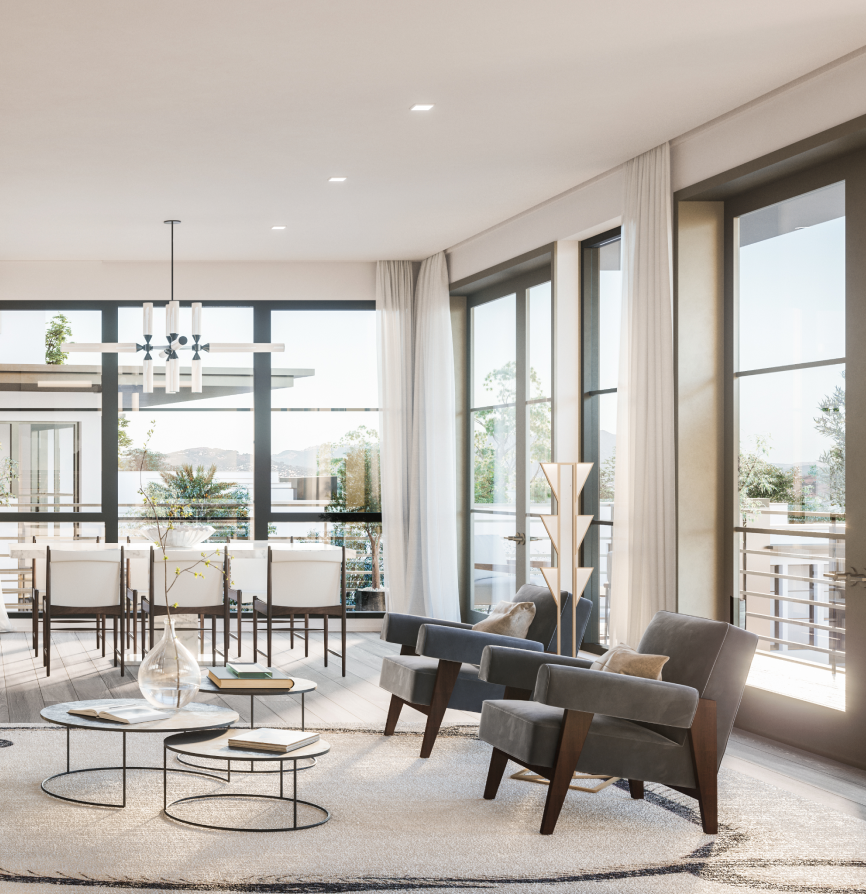 the flats offering at yerba buena island san francisco spacious, bright, natural light living room with floor to ceiling windows.