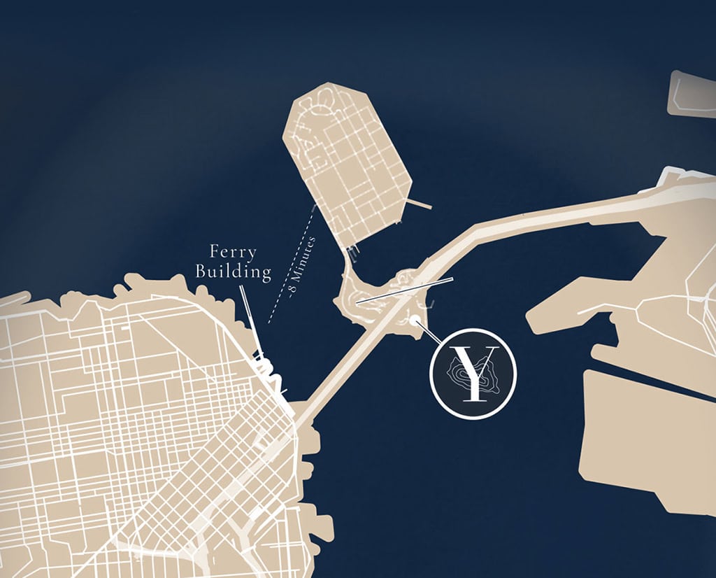 Map of Yerba Buena Island in San Francisco with the ferry route highlighted.