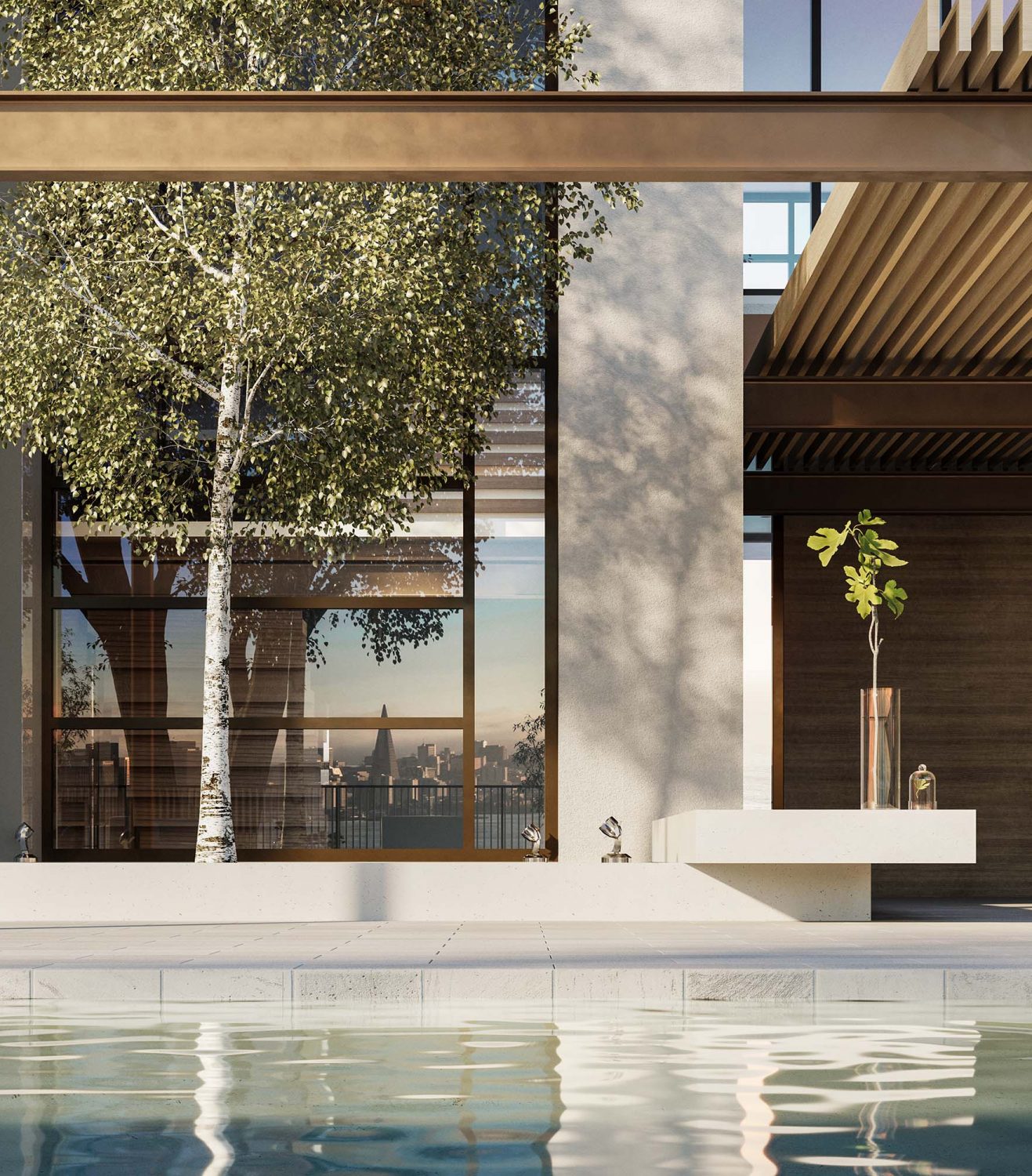 Poolside view of luxury townhomes and residences for sale in Yerba Buena Island San Francisco